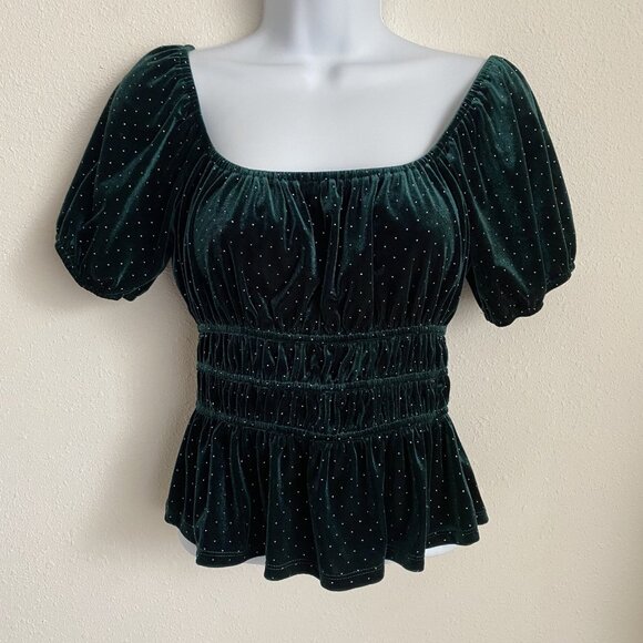 Francesca's Womens Small Green Velvet Puff Sleeve Cropped Peplum Holiday Sparkle - Picture 2 of 9